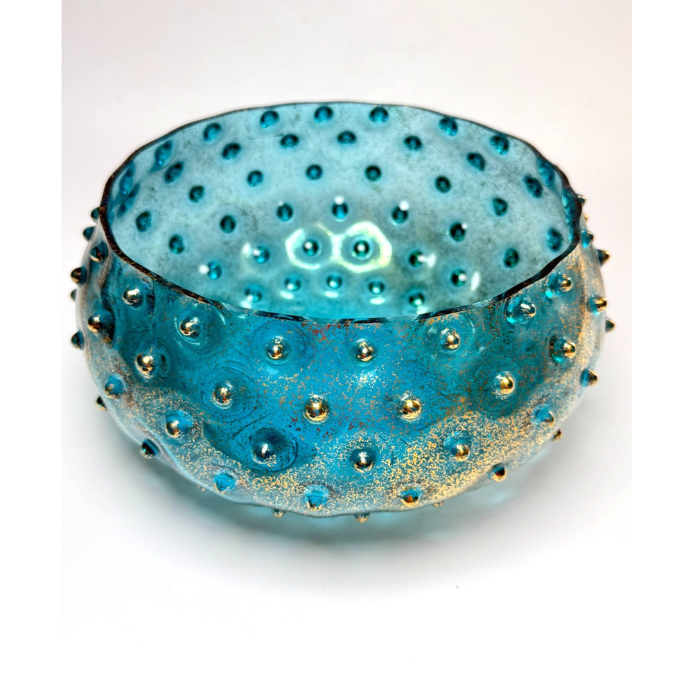 Lipper & Mann Blue & Gold Splatter MCM Hobnail Art Glass Bowl Czechoslovakia
